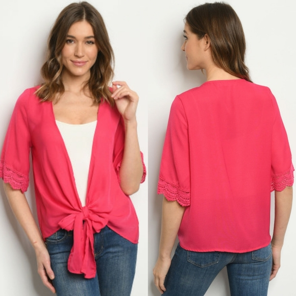 Fuchsia Crochet Sleeve Tie Front Kimono - Picture 2 of 3